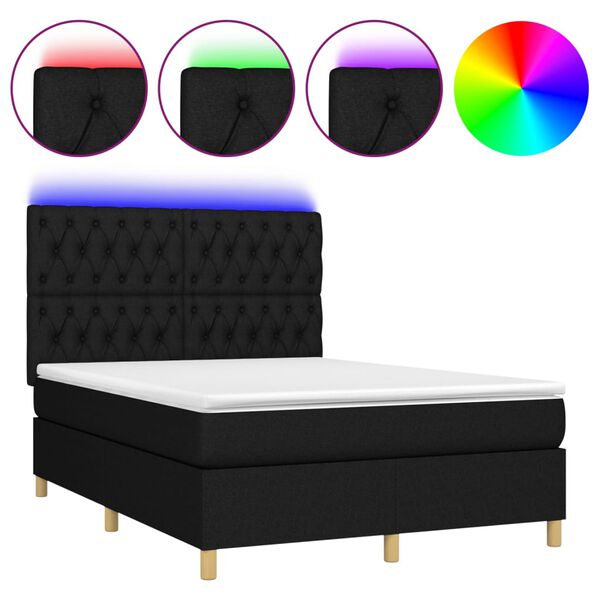 vidaXL Cama box spring colch&oacute;n y luces LED tela negro 140x190 cm