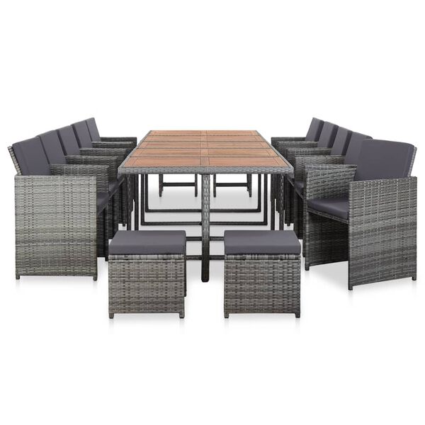 vidaXL Set comedor de jardín 15 piezas y cojines ratán sintético gris