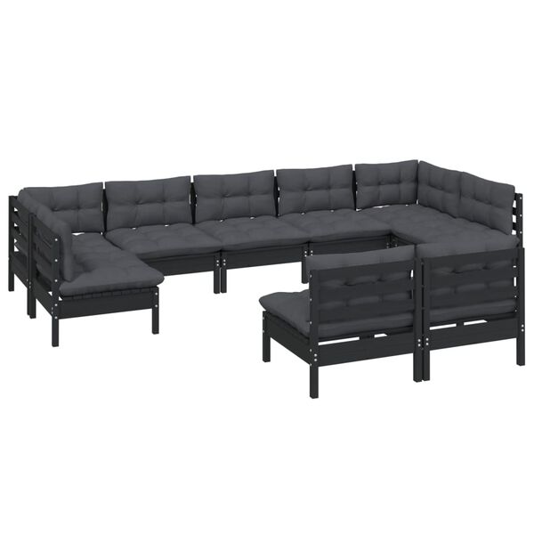 vidaXL Muebles de jardín 9 pzas y cojines negro madera maciza de pino