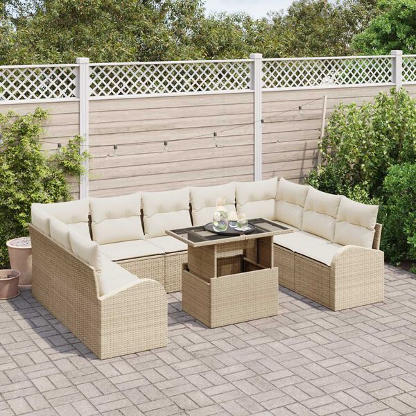 vidaXL Conjunto de sof&aacute; de jard&iacute;n con coj&iacute;n 10 pcs Beige Polirat&aacute;n