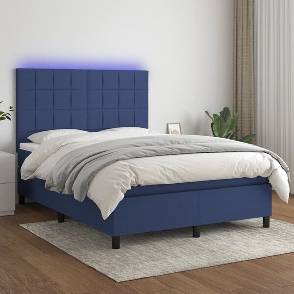 vidaXL Cama box spring colch&oacute;n y luces LED tela azul 140x190 cm