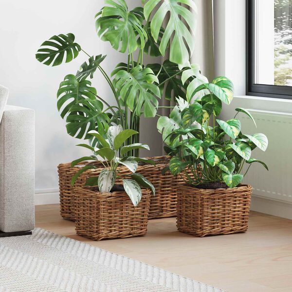 vidaXL Cesta para Plantas con almacenamiento 3 pcs Marr&oacute;n Rat&aacute;n Kubu