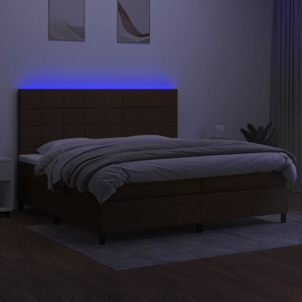vidaXL Cama box spring colch&oacute;n luces LED tela marr&oacute;n oscuro 200x200 cm