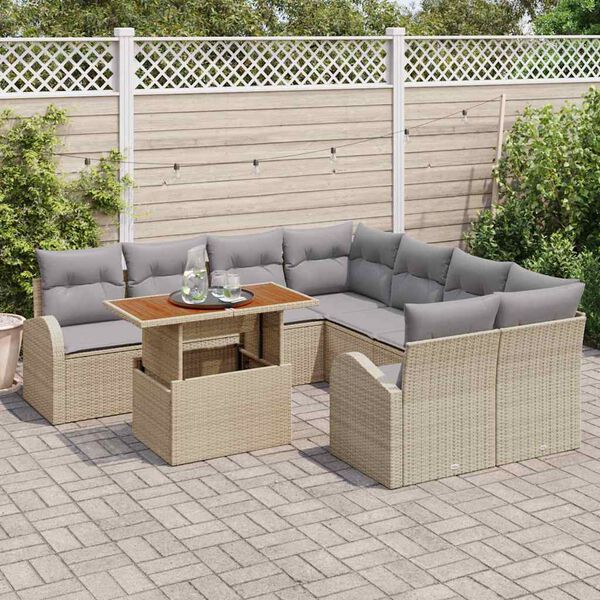 vidaXL Conjunto de sof&aacute; de jard&iacute;n 9 pcs Beige Polirat&aacute;n