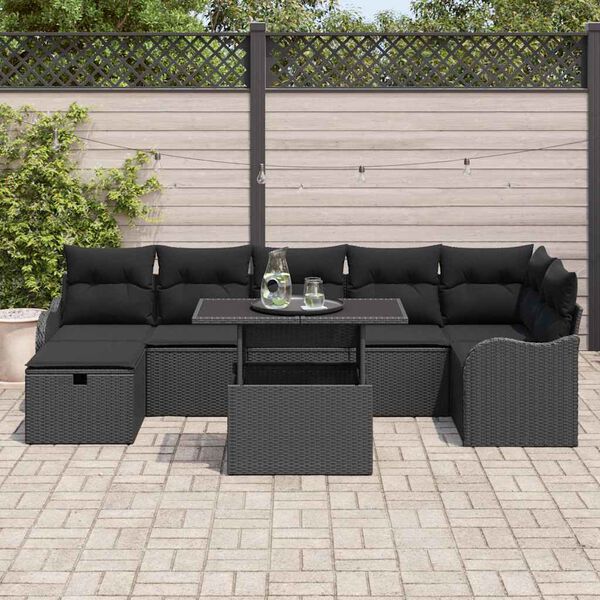 vidaXL Conjunto de sof&aacute; de jard&iacute;n con coj&iacute;n 8 pcs Negro Polirat&aacute;n