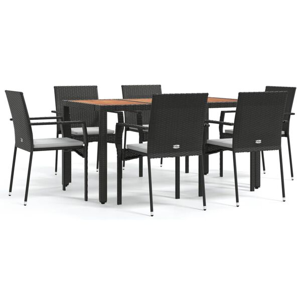 vidaXL Set de comedor de jard&iacute;n 7 pzas y cojines rat&aacute;n sint&eacute;tico negro