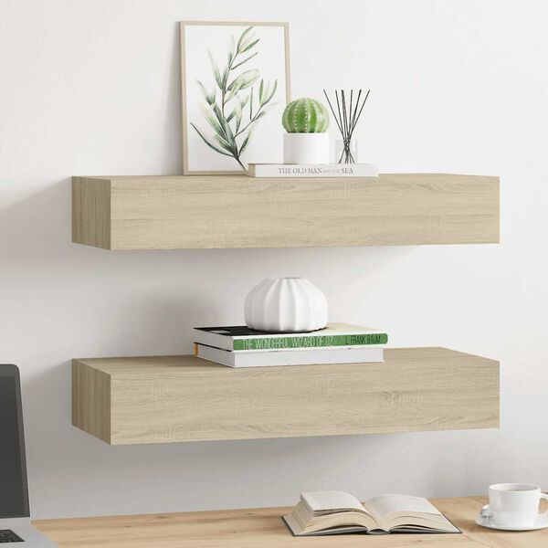 vidaXL Estantes de pared con cajón 2 uds MDF roble 60x23,5x10 cm