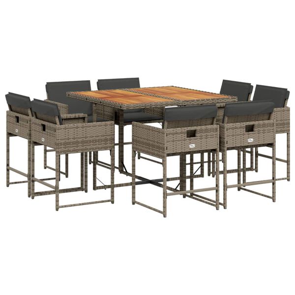 vidaXL Set comedor jard&iacute;n 9 pzas y cojines rat&aacute;n sint&eacute;tico gris