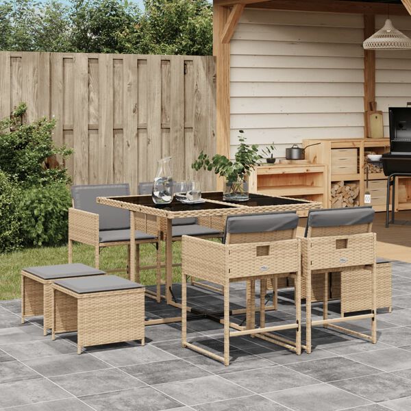 vidaXL Set comedor de jard&iacute;n 9 pzas con cojines rat&aacute;n sint&eacute;tico beige
