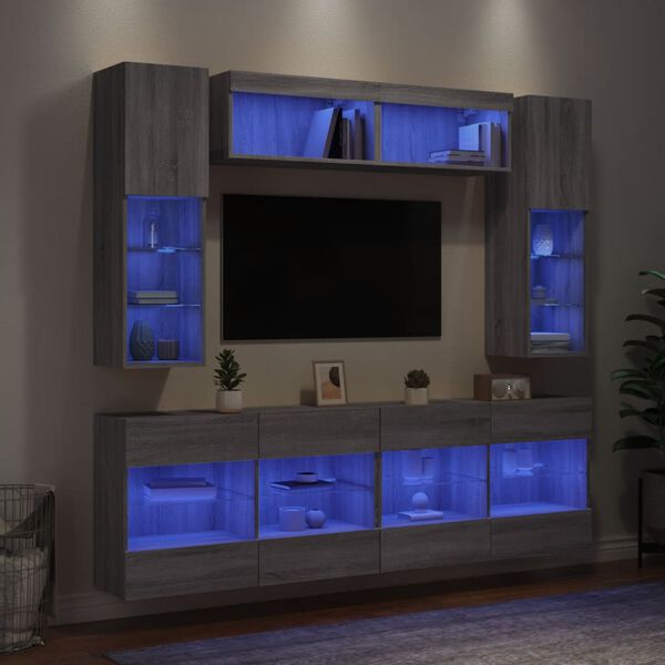 vidaXL Muebles de TV de pared con luces LED 6 piezas gris sonoma