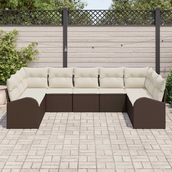 vidaXL Conjunto de sof&aacute; de jard&iacute;n 9 pcs Marr&oacute;n y blanco Polirat&aacute;n
