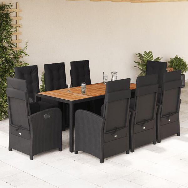 vidaXL Set de comedor de jard&iacute;n 9 pzas y cojines rat&aacute;n sint&eacute;tico negro