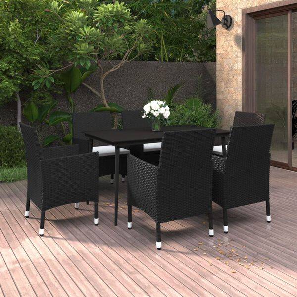 vidaXL Set comedor de jard&iacute;n 7 pzas y cojines rat&aacute;n sint&eacute;tico y vidrio
