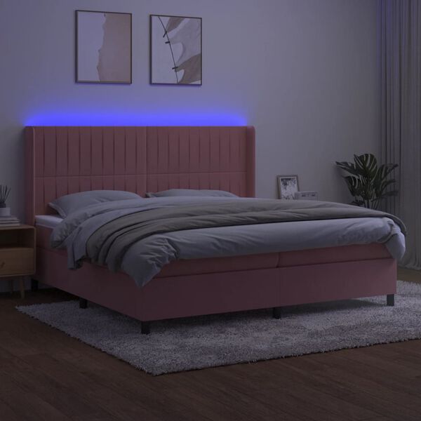 vidaXL Cama box spring colch&oacute;n y LED terciopelo rosa 200x200 cm