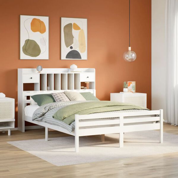 vidaXL Cama con estanter&iacute;a sin colch&oacute;n madera maciza blanca 150x200 cm
