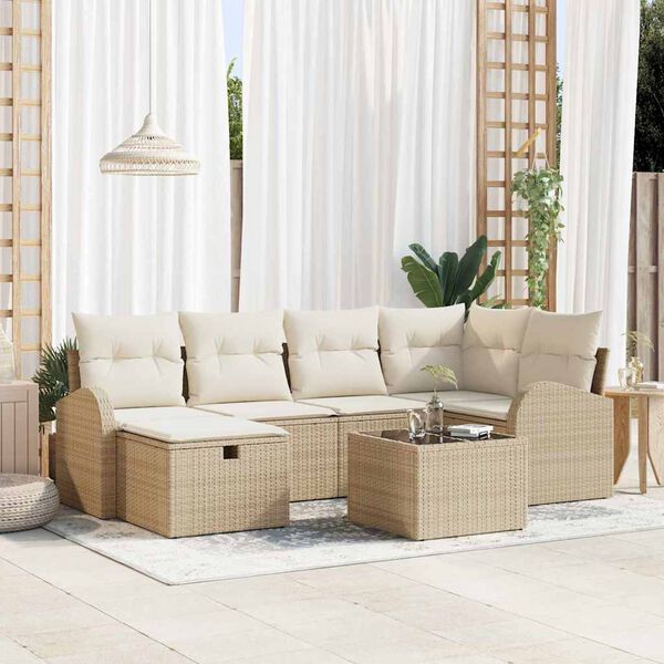 vidaXL Conjunto de sofá de jardín con cojín 7 pcs Beige Poliratán