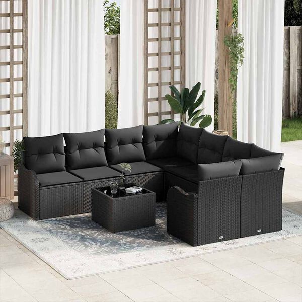 vidaXL Conjunto de sof&aacute; de jard&iacute;n con coj&iacute;n con almohada 9 pcs Negro