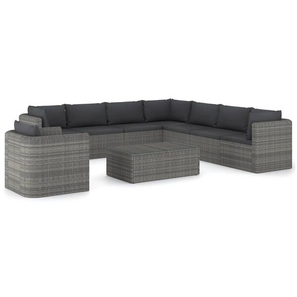 vidaXL Set de muebles de jard&iacute;n 9 pzas rat&aacute;n sint&eacute;tico y cojines gris