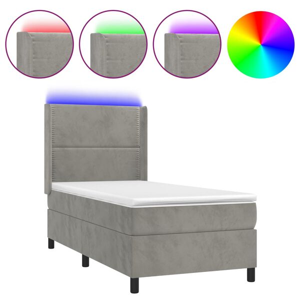 vidaXL Cama box spring colch&oacute;n y LED terciopelo gris claro 90x190 cm