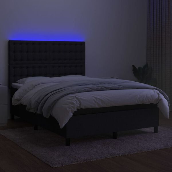 vidaXL Cama box spring colch&oacute;n y luces LED tela negro 140x190 cm