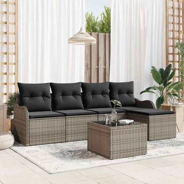 vidaXL Conjunto de sof&aacute; de jard&iacute;n con coj&iacute;n 6 pcs Negro Polirat&aacute;n