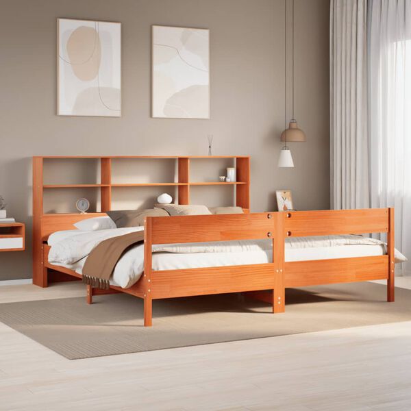 vidaXL Cama con estanter&iacute;a sin colch&oacute;n madera maciza marr&oacute;n 200x200 cm