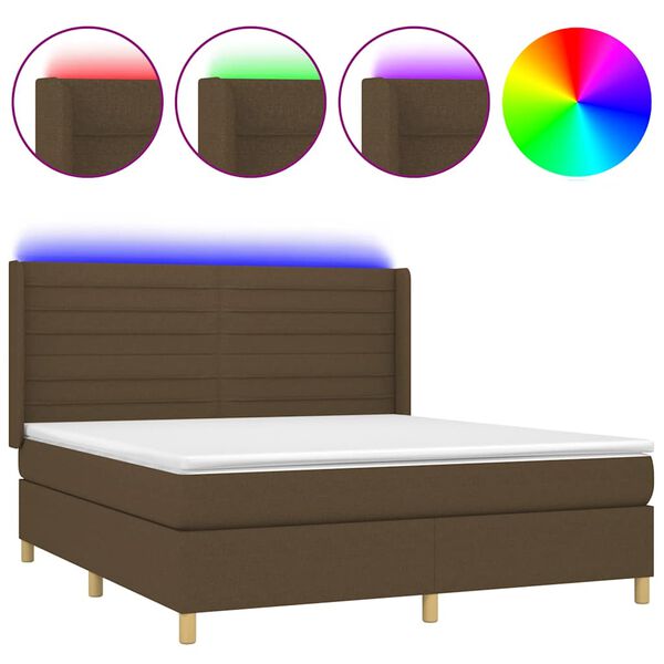 vidaXL Cama box spring colch&oacute;n luces LED tela marr&oacute;n oscuro 180x200cm