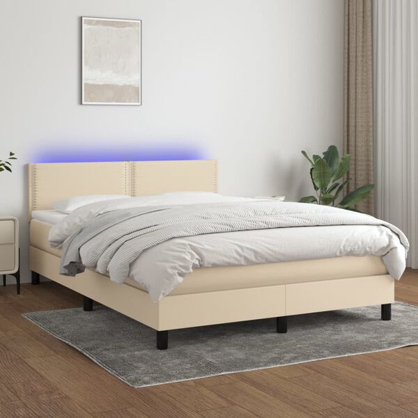 vidaXL Cama box spring colch&oacute;n y luces LED tela crema 140x190 cm