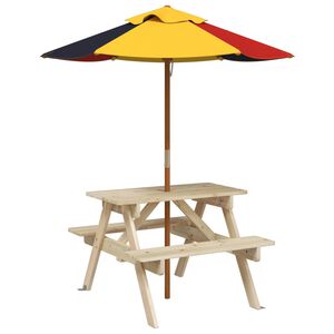 vidaXL Mesa de picnic para 4 ni&ntilde;os agujero para sombrilla madera abeto