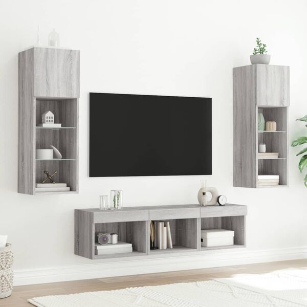 vidaXL Muebles TV pared con LED 5 pzas madera ingenier&iacute;a gris Sonoma