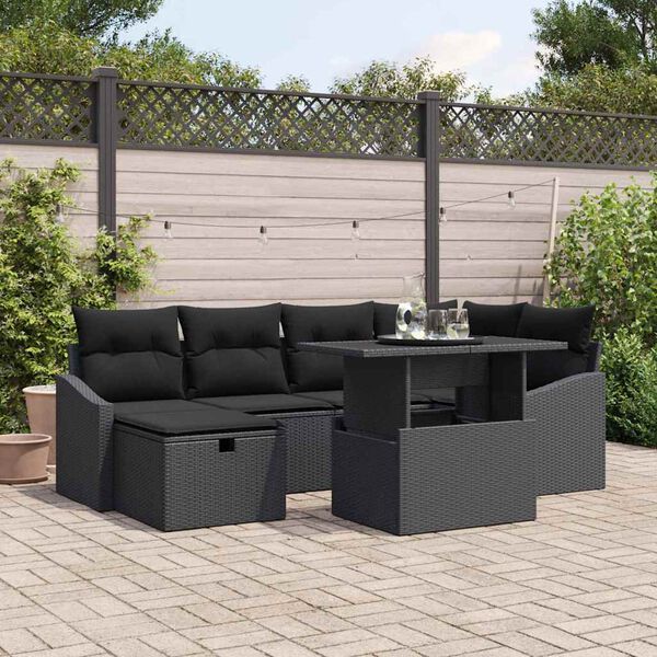 vidaXL Conjunto de sofá de jardín con cojín 7 pcs Negro Poliratán