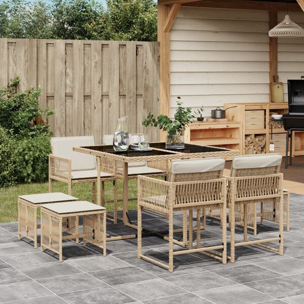 vidaXL Set comedor de jard&iacute;n 9 pzas con cojines rat&aacute;n sint&eacute;tico beige
