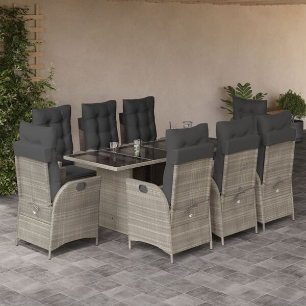 vidaXL Set comedor de jard&iacute;n 9 pzas cojines rat&aacute;n sint&eacute;tico gris claro