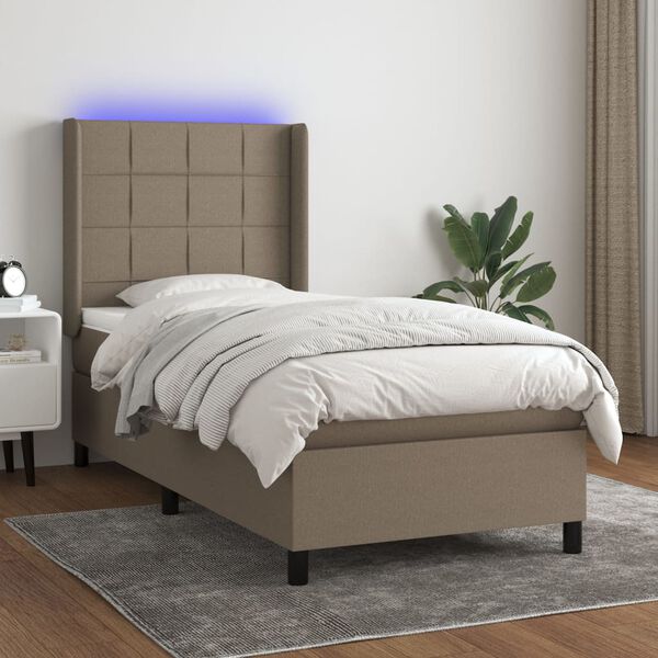 vidaXL Cama box spring colch&oacute;n y luces LED tela gris taupe 90x200 cm