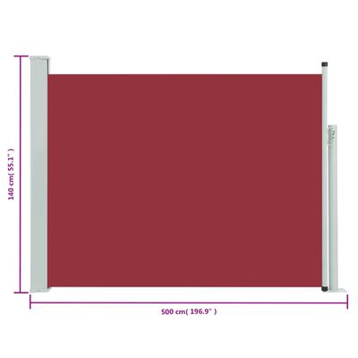 vidaXL Toldo lateral retráctil para patio rojo 140x500 cm