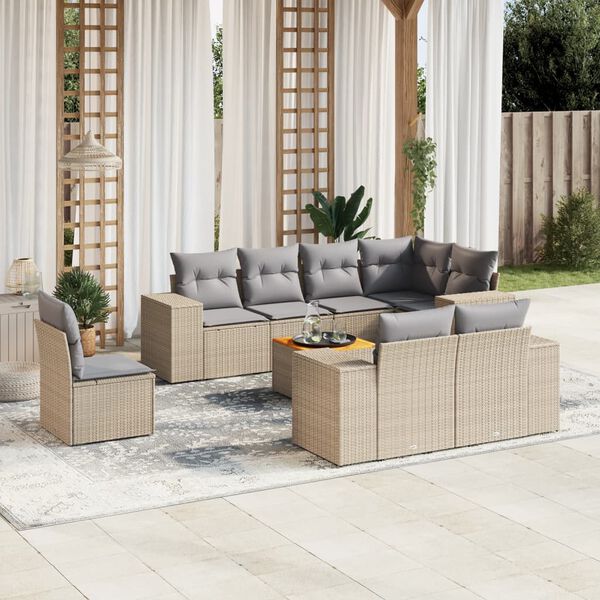 vidaXL Set de sof&aacute;s de jard&iacute;n 9 pzas con cojines rat&aacute;n sint&eacute;tico beige