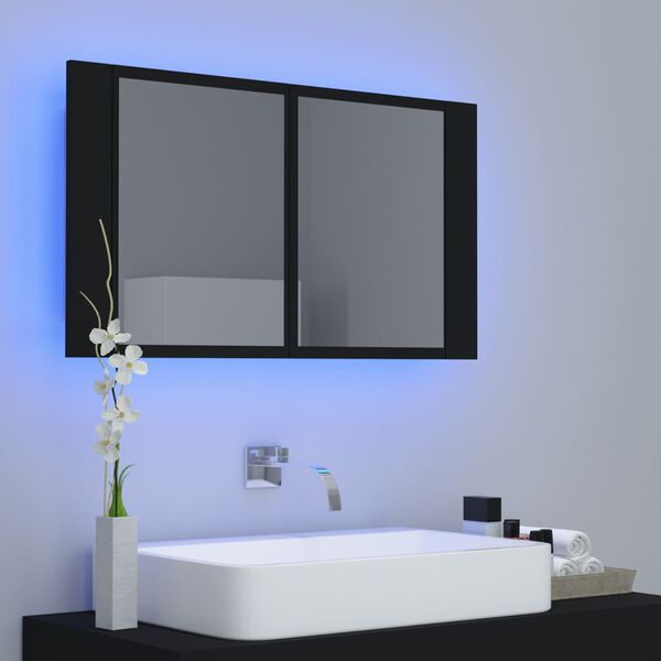 vidaXL Armario espejo de ba&ntilde;o con luz LED acr&iacute;lico negro 80x12x45 cm
