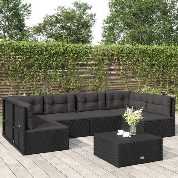vidaXL Set muebles de jard&iacute;n 6 piezas y cojines rat&aacute;n sint&eacute;tico negro