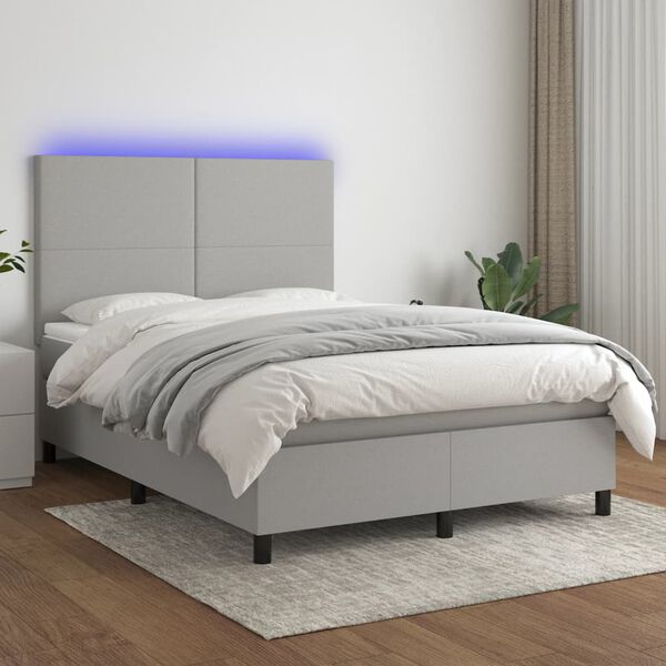 vidaXL Cama box spring colch&oacute;n y luces LED tela gris claro 140x190 cm