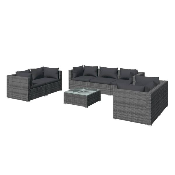 vidaXL Set de muebles de jard&iacute;n 8 pzas y cojines rat&aacute;n sint&eacute;tico gris