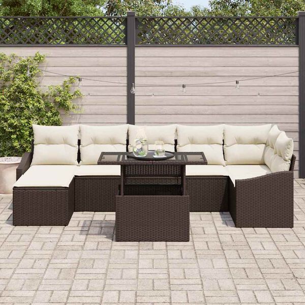vidaXL Conjunto de sof&aacute; de jard&iacute;n 8 pcs Marr&oacute;n y crema rat&aacute;n sint&eacute;tico