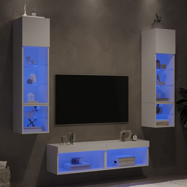 vidaXL Muebles de TV de pared con LED 6 pzas madera ingenier&iacute;a blanco