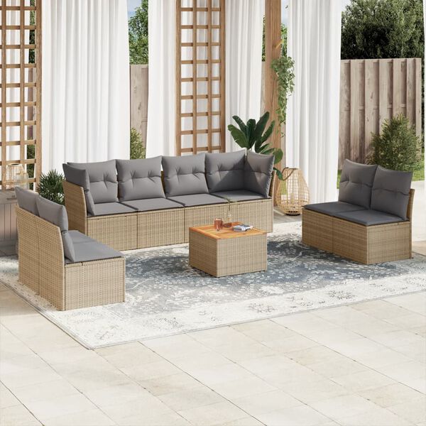 vidaXL Set de sof&aacute;s de jard&iacute;n 9 pzas con cojines rat&aacute;n sint&eacute;tico beige