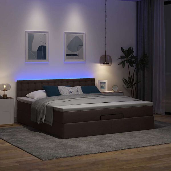 vidaXL Cama otomana con colch&oacute;n y LED tela marr&oacute;n oscuro 180x200cm