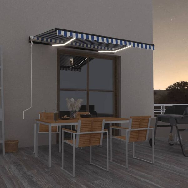 vidaXL Toldo autom&aacute;tico LED sensor de viento azul y blanco 300x250 cm