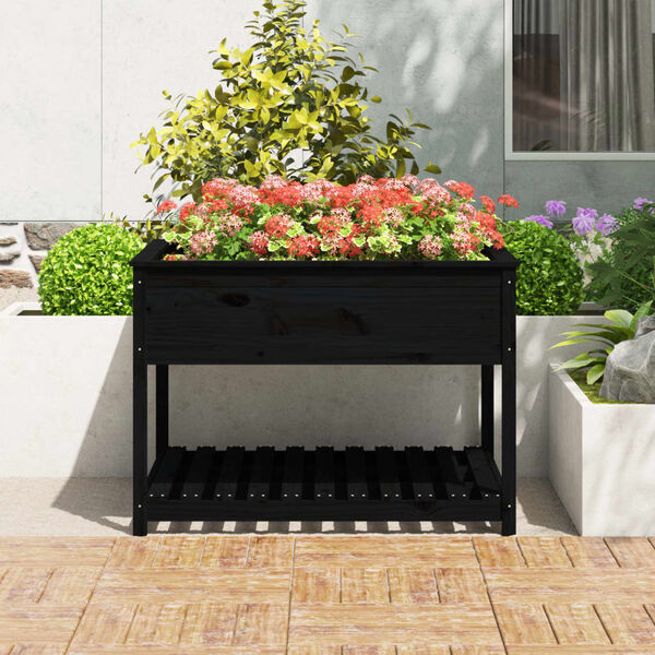 vidaXL Jardinera con estante madera maciza pino negro 111,5x111,5x81cm