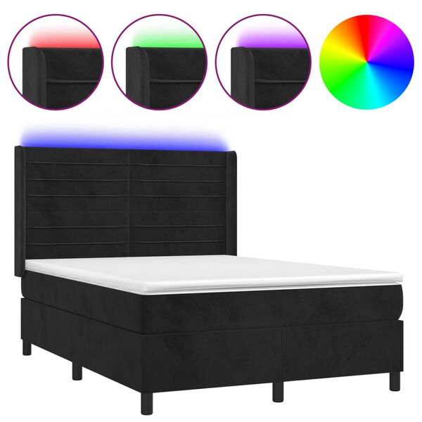 vidaXL Cama box spring colch&oacute;n y LED terciopelo negro 140x190 cm