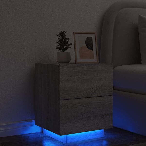 vidaXL Mesita de noche con luces LED madera de ingenier&iacute;a gris Sonoma