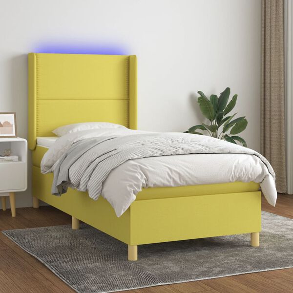 vidaXL Cama box spring colch&oacute;n y luces LED tela verde 90x200 cm
