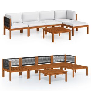 vidaXL Conjunto de jard&iacute;n de 6 piezas con cojines, madera color crema, acacia y cuerda